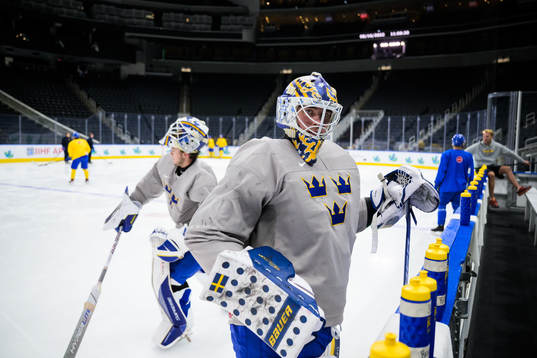 Goaltenders Jesper Wallstedt and Calle Clang of Sweden at a