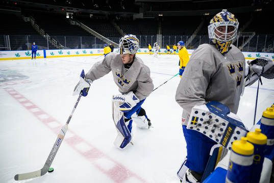 Goaltenders Jesper Wallstedt and Calle Clang of Sweden at a