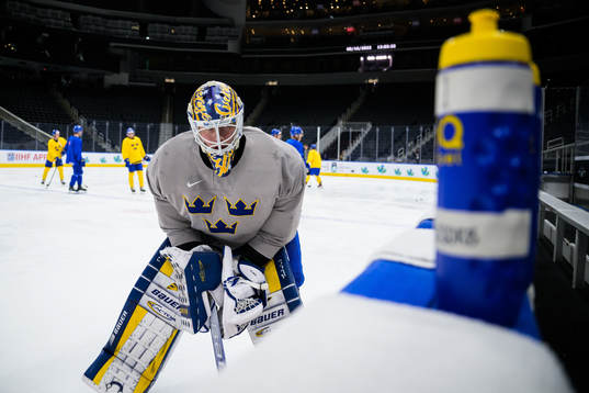 Goaltender Calle Clang of Sweden at a practice session
