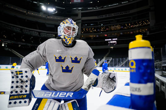 Goaltender Calle Clang of Sweden at a practice session