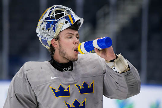 Goaltender Jesper Wallstedt of Sweden at a practice session