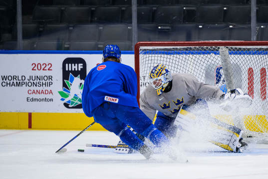 Emil Andrae and goaltender Calle Clang of Sweden at a