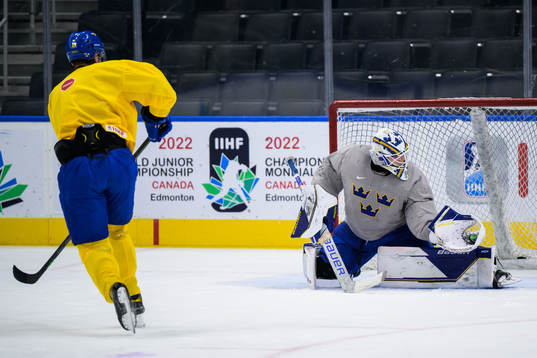 Daniel Torgersson and goaltender Jesper Wallstedt of Sweden