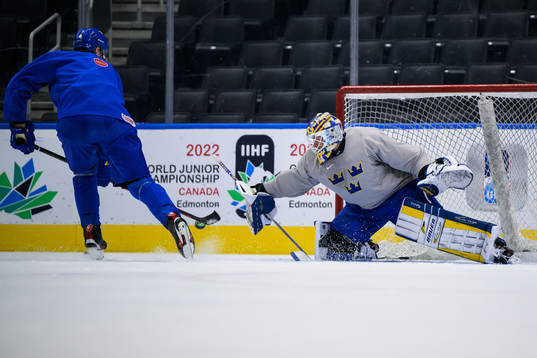 Helge Grans and goaltender Calle Clang of Sweden at a