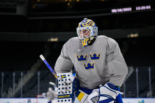 Goaltender Calle Clang of Sweden at a practice session