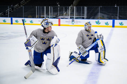 Goaltenders Jesper Wallstedt and Calle Clang of Sweden at a