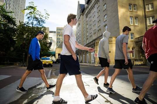 Måns Forsfjäll and Leo Lööf of Sweden taking a pre-game