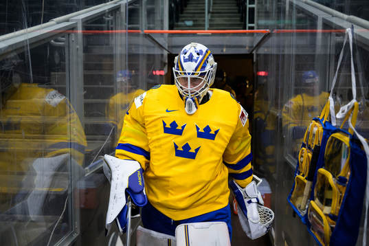 Goaltender Jesper Wallstedt of Sweden at warm-up