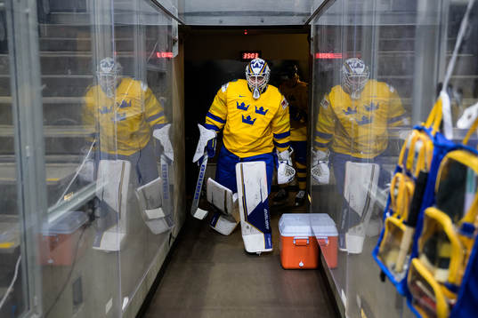 Goaltender Jesper Wallstedt of Sweden at warm-up
