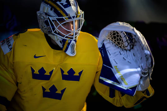 Goaltender Jesper Wallstedt of Sweden waiting to walk out
