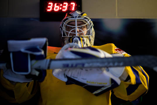 Goaltender Jesper Wallstedt of Sweden waiting to walk out