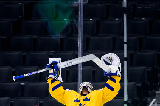 Goaltender Jesper Wallstedt of Sweden  celebrates