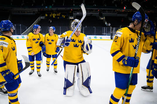 Goaltender Jesper Wallstedt of Sweden celebrates
