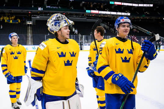 Goaltender Jesper Wallstedt and William Wallinder of Sweden
