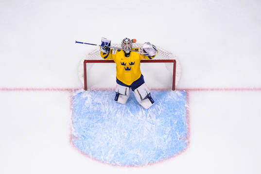 Goaltender Jesper Wallstedt of Sweden celebrate at the