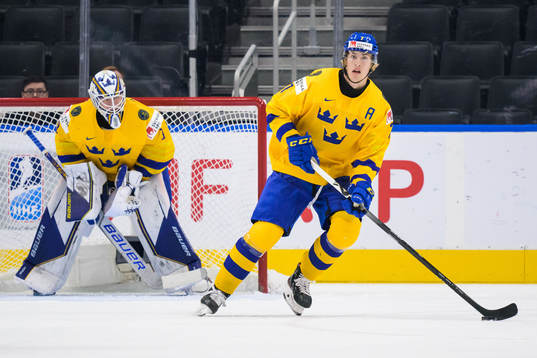 Goaltender Jesper Wallstedt and Simon Edvinsson of Sweden