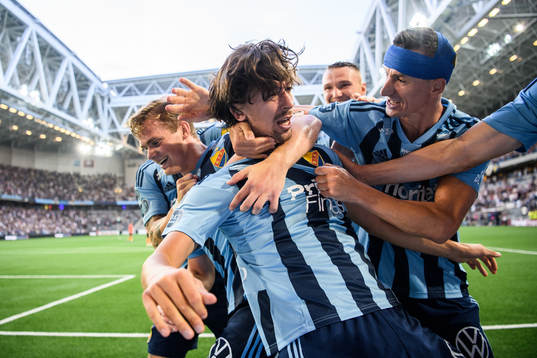 Gustav Wikheim of Djurgården celebrate with teammates