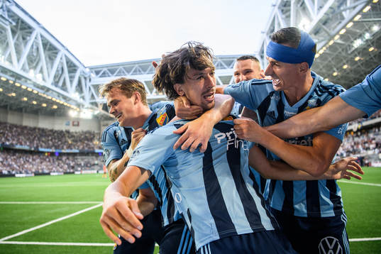 Gustav Wikheim of Djurgården celebrate with teammates