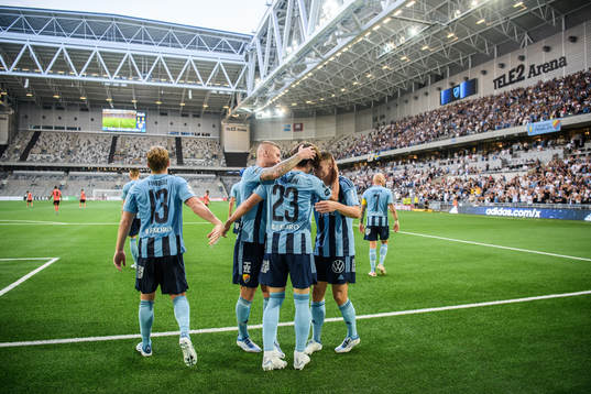 Gustav Wikheim of Djurgården celebrate with teammates