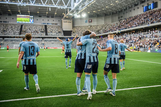 Gustav Wikheim of Djurgården celebrate with teammates