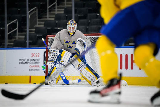 Goaltender Calle Clang of Sweden at a practice session