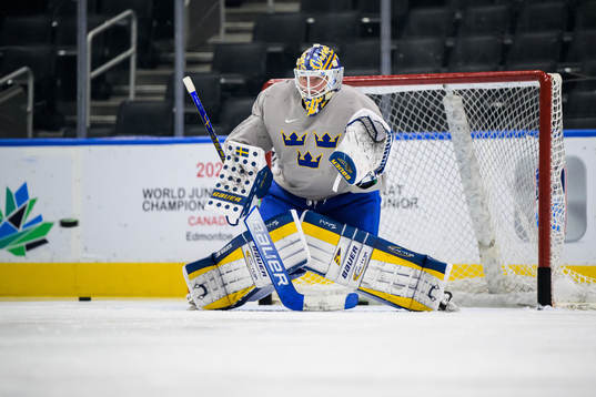 Goaltender Calle Clang of Sweden at a practice session