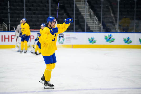 Oskar Magnusson of Sweden celebrates at a practice session