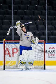 Goaltender Carl Lindbom of Sweden at a practice session