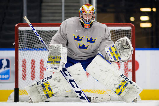 Goaltender Carl Lindbom of Sweden at a practice session
