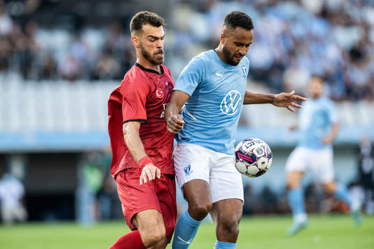 Isaac Kiese Thelin of Malmö FF and Dimitris Goutas of
