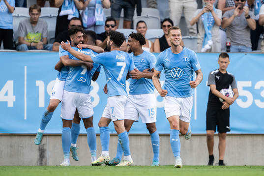 Moustafa Zeidan of Malmö FF celebrates with Felix Beijmo