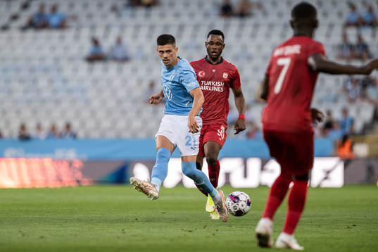 Dennis Hadzikadunic of Malmö FF and Leke James of Sivasspor