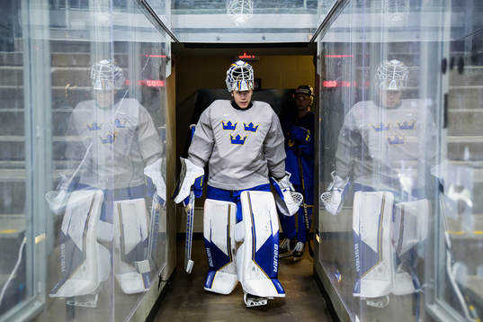 Goaltender Jesper Wallstedt of Sweden at a practice session