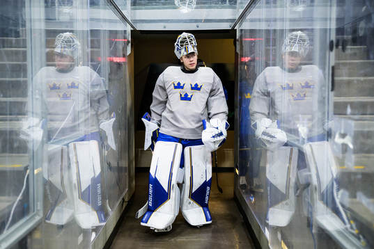 Goaltender Jesper Wallstedt of Sweden at a practice session