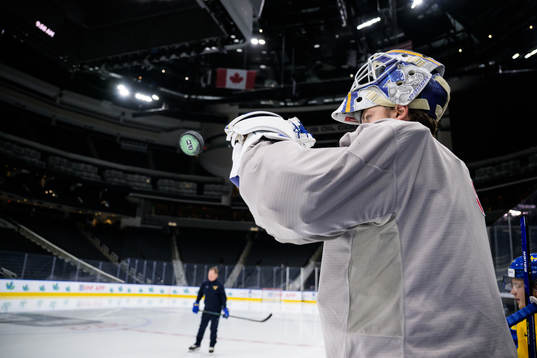 Goaltender Jesper Wallstedt of Sweden at a practice session