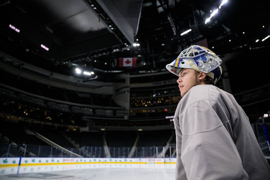 Goaltender Jesper Wallstedt of Sweden at a practice session