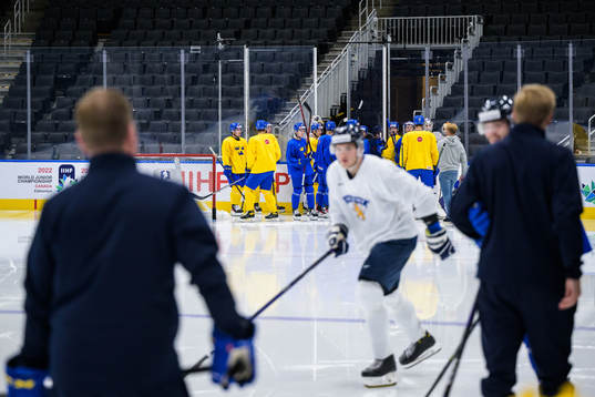 Players of Sweden move from the main arena because of a