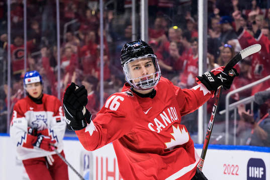 Connor Bedard of Canada celebrates