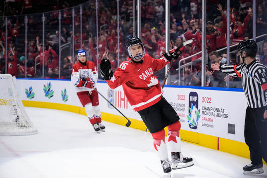 Connor Bedard of Canada celebrates
