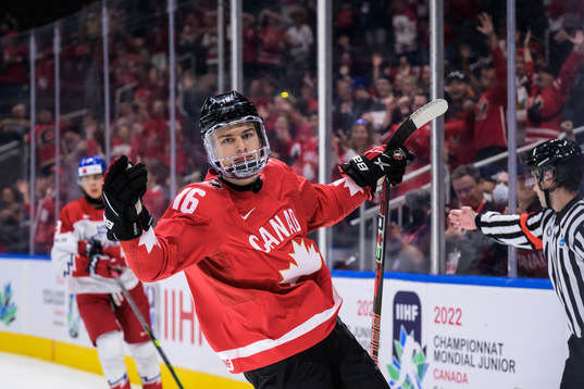 Connor Bedard of Canada celebrates