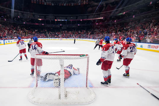 Kent Johnson of Canada celebrates the 1-0 goal behind