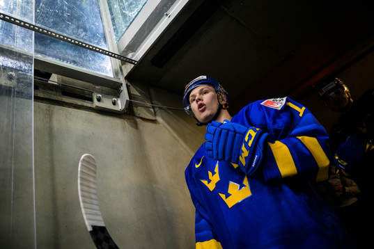 Fabian Lysell of Sweden walks out to the ice for warm-up