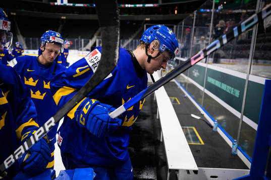 Emil Andrae of Sweden leaves the ice