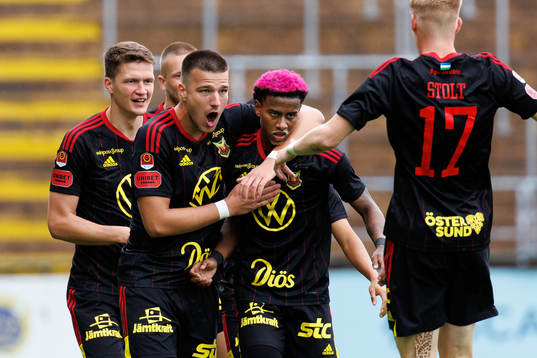 Östersunds Kristian Novak och Chovanie Amatkarijo jublar