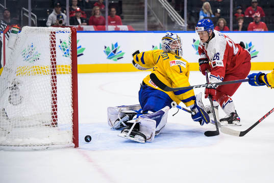 Goaltender Jesper Wallstedt of Sweden concedes 1-1 scored