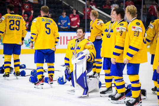 Goaltender Jesper Wallstedt of Sweden celebrates