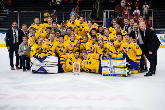 Players and coaching staff of Sweden pose for a group photo