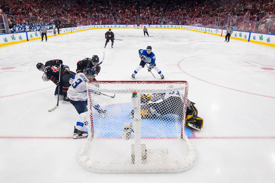 Kent Johnson of Canada scores the game winning 3-2 goal in