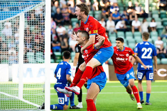 Helsingborgs Arian Kabashi och Rasmus Jönsson jublar
