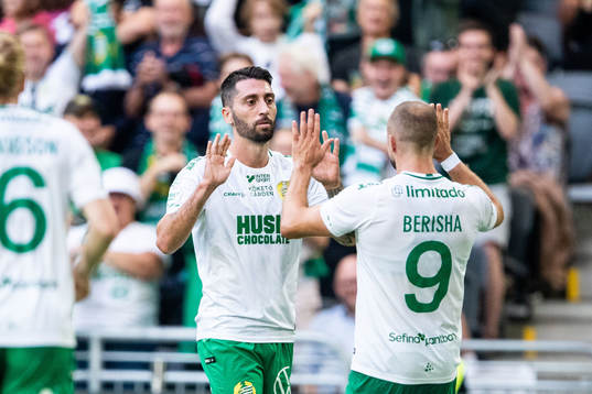 Hammarbys Nahir Besara och Veton Berisha jublar